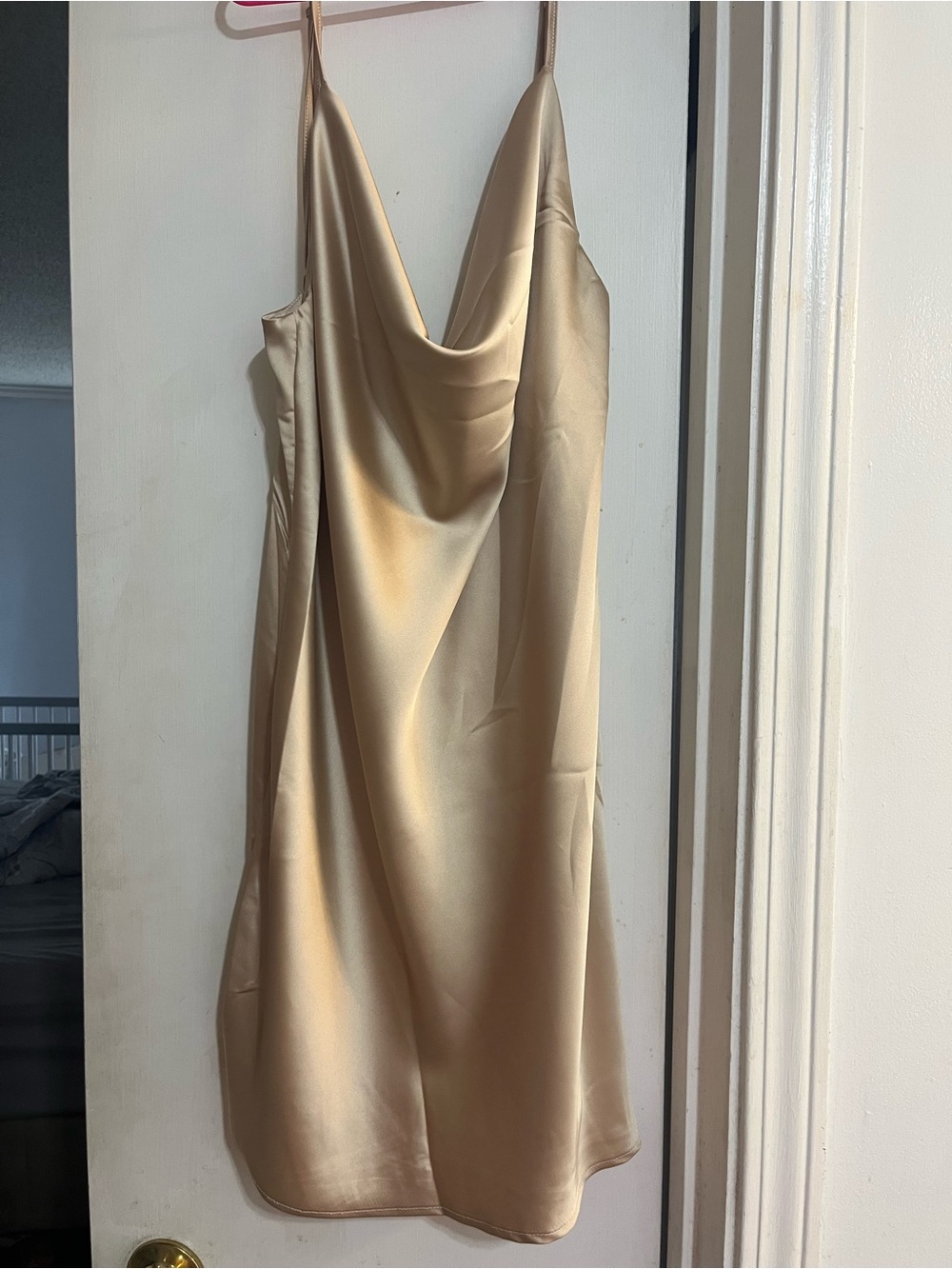 White Fox Boutique Champagne Satin Cowl Mini Dress
